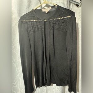 Black light weight Sweater cardigan w/pretty Lace size LG Mary Jane Marcasiano